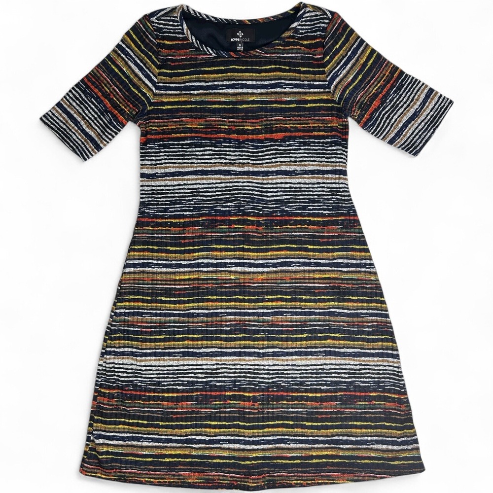 NWT Ronni Nicole Striped Textured A-Line Dress Multicolor Short Sleeve Size 6